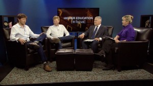 Matt Brezina and Chris Fanini with host Eric Barron and Patty Satalia on the set of Higher Education in Focus