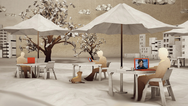 illustration of people watching pbs shows on different mobil devices in an outdoor setting