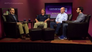 Host Bill Hallman and guests on the set of Conversations Live.