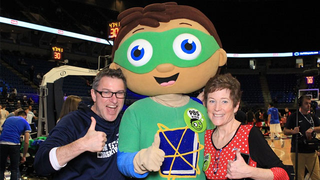 Super Why costumed character with guests at BJC