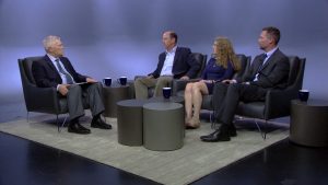 Penn State President Eric Barron and guests on the set of Digging Deeper