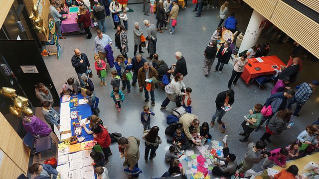 Guests gathered in the Outreach Building lobby.