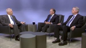 Penn State President Eric Barron and guests on the set of Digging Deeper