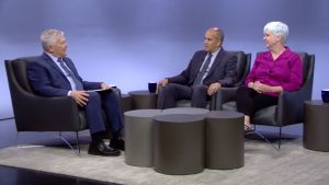 Penn State President Eric Barron and guests on the set of Digging Deeper