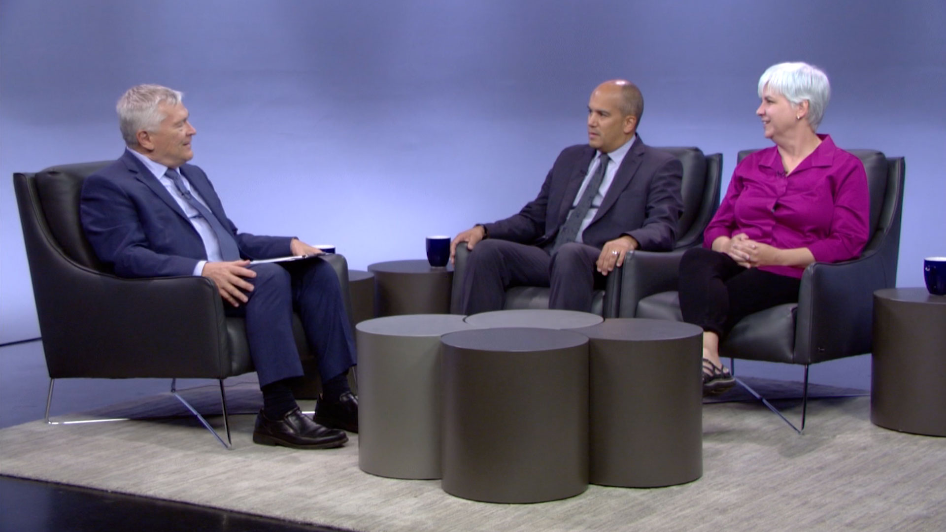 Penn State President Eric Barron and guests on the set of Digging Deeper