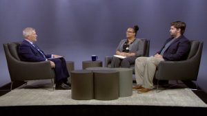 Penn State President Eric Barron and guests on the set of Digging Deeper