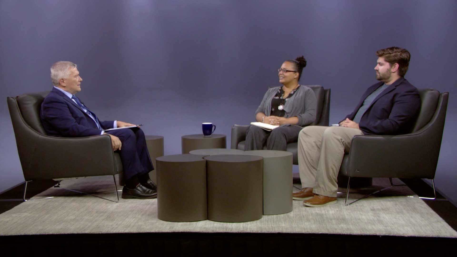 Penn State President Eric Barron and guests on the set of Digging Deeper