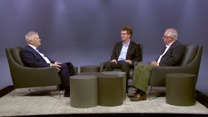 Penn State President Eric Barron and guests on the set of Digging Deeper