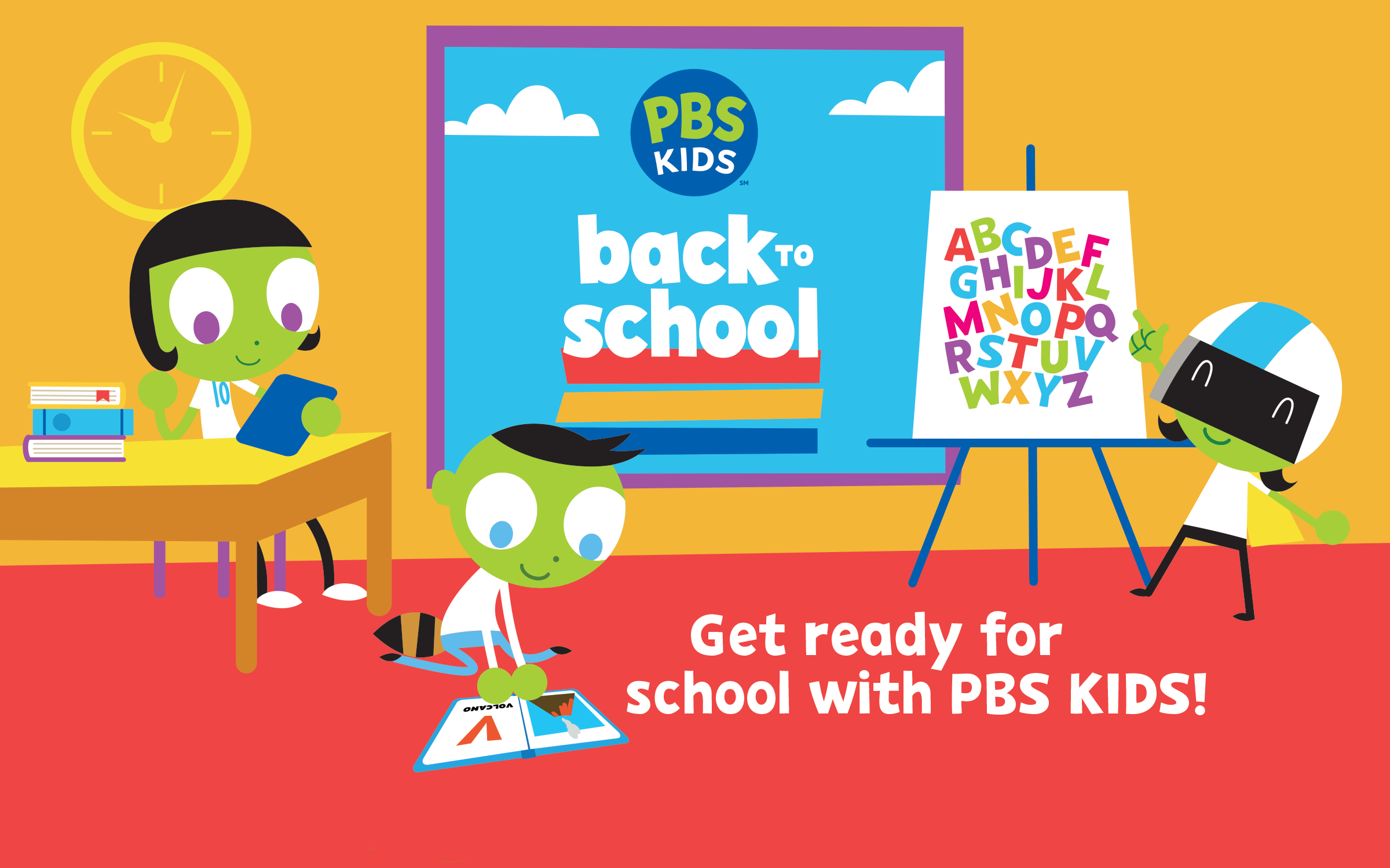 Cartoon drawing of classroom displaying back to school.