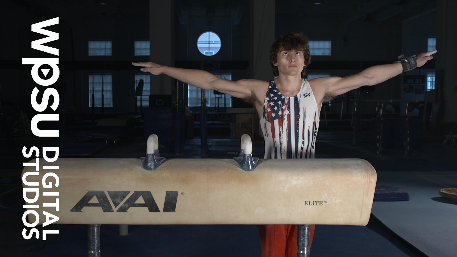 Gymnast Stephen Nedoroscik in front of a pommel horse.