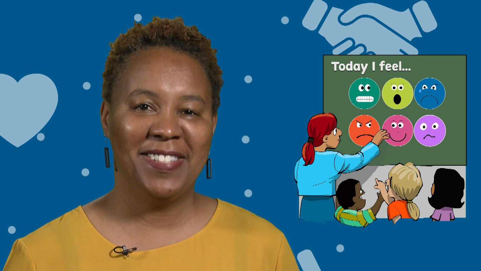 A woman next to a cartoon drawing about discussing feelings