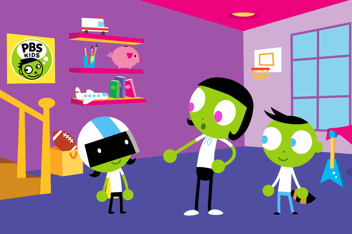 Three cartoon children with green skin playing