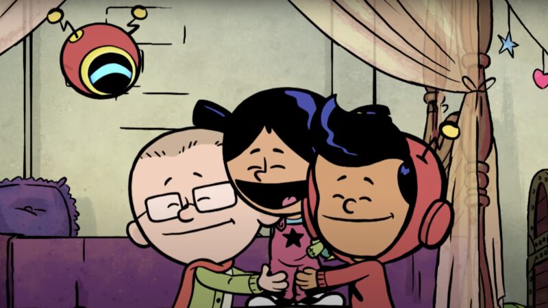 Three cartoon kids hugging