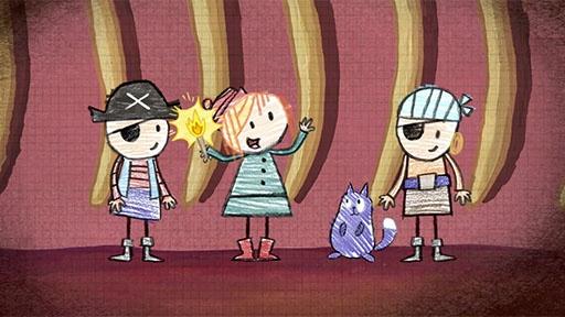 A drawing of three kids and a cat