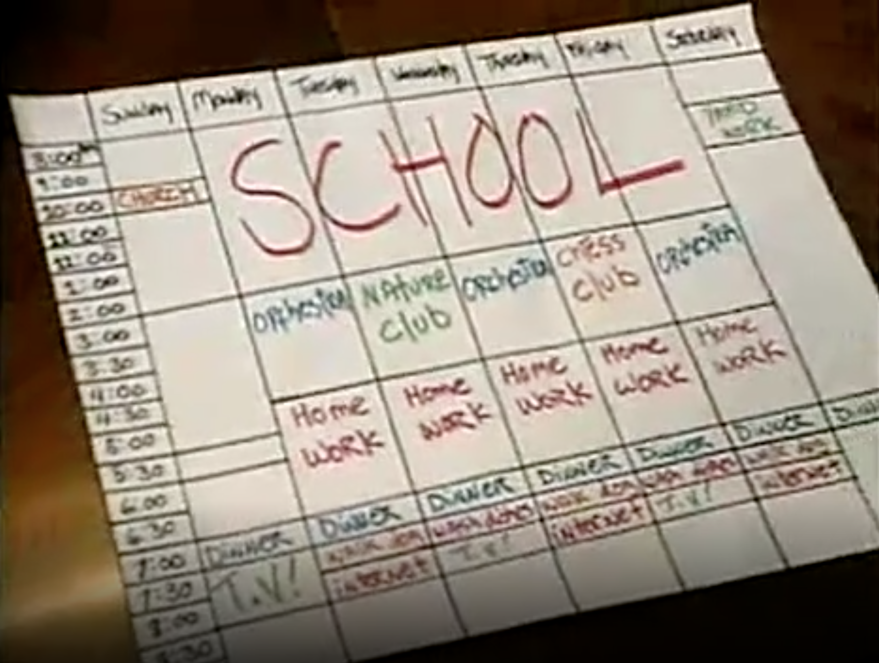 A time schedule with hours blocked off for different activities