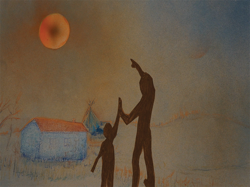 A drawing of an adult and child looking up at the sky