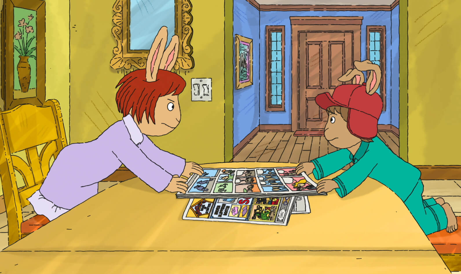 Two cartoon sibling arguing over a paper
