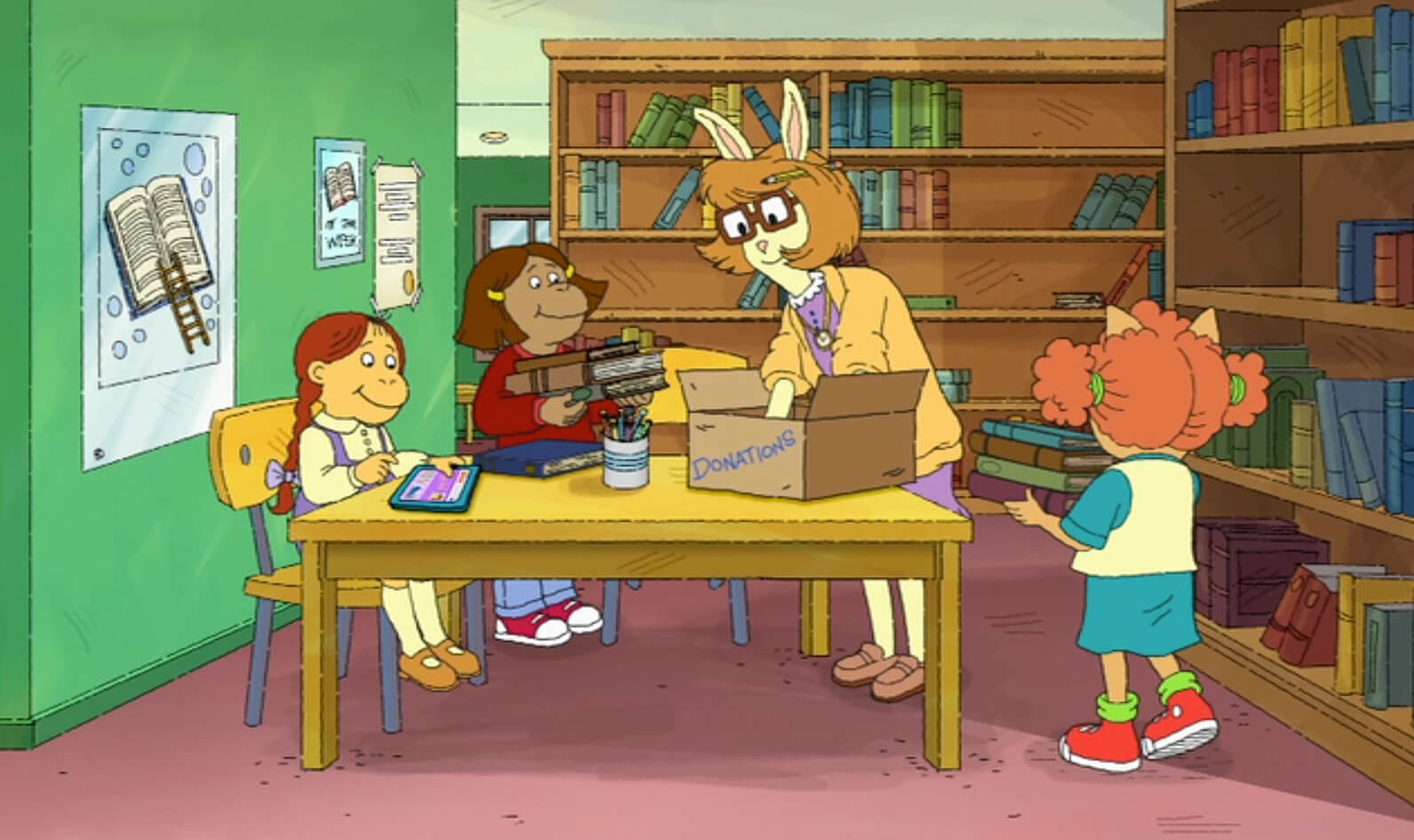 An image from Arthur with four characters in a library