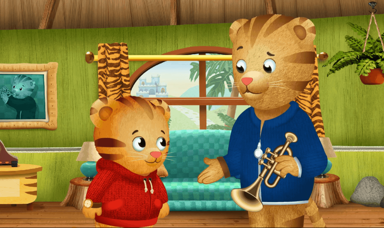 Daniel Tiger and a big tiger with a trumpet talking