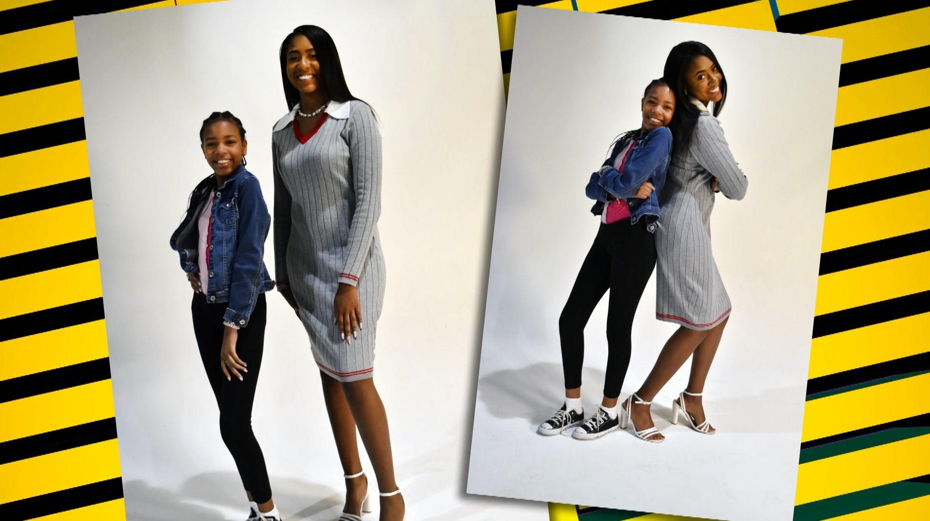 Two images of a girl and woman posing together.