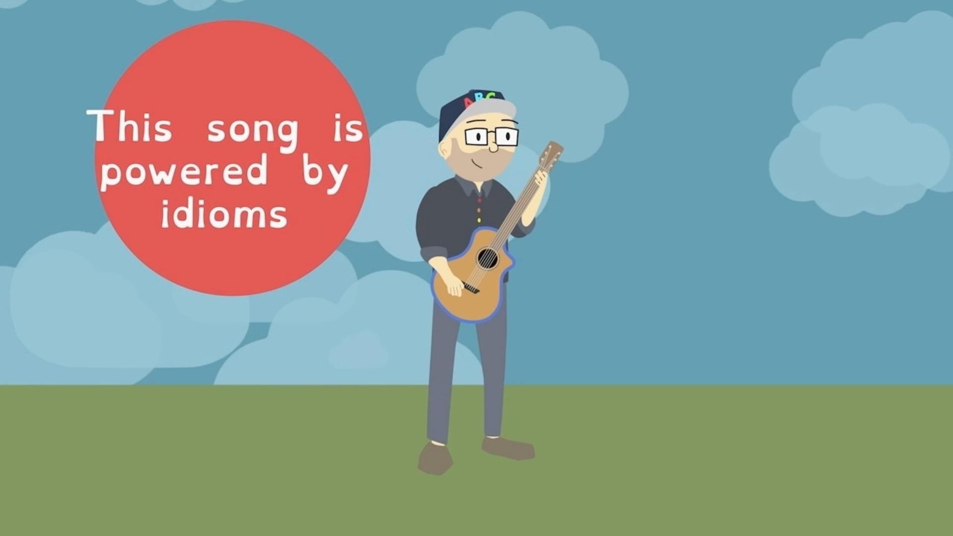 A cartoon man holding a guitar.