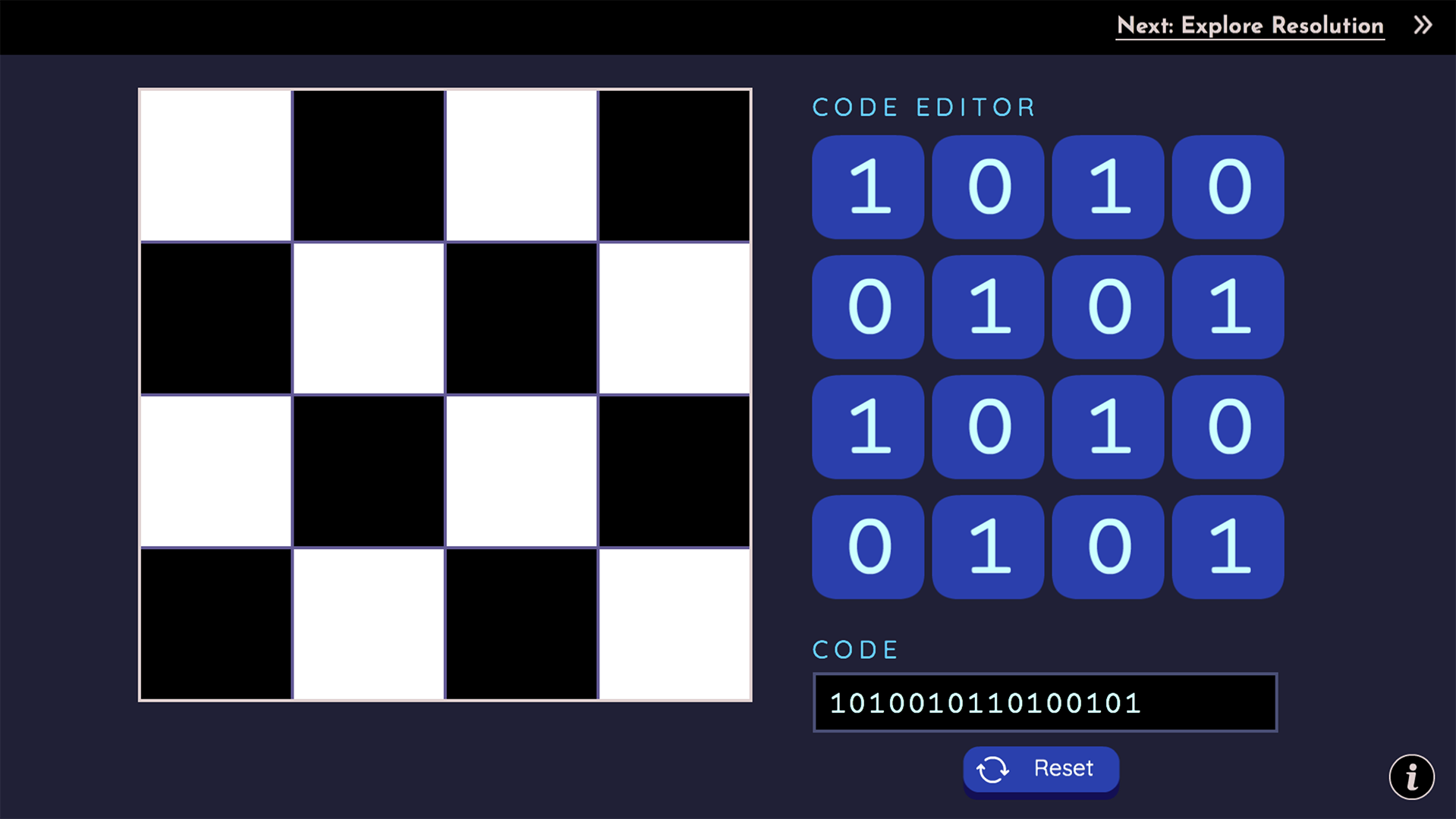 A checkerboard next to a corresponding matrix of 1's and 0's.