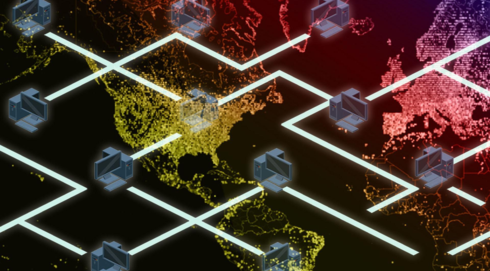 Computers connected overlayed on the Earth.