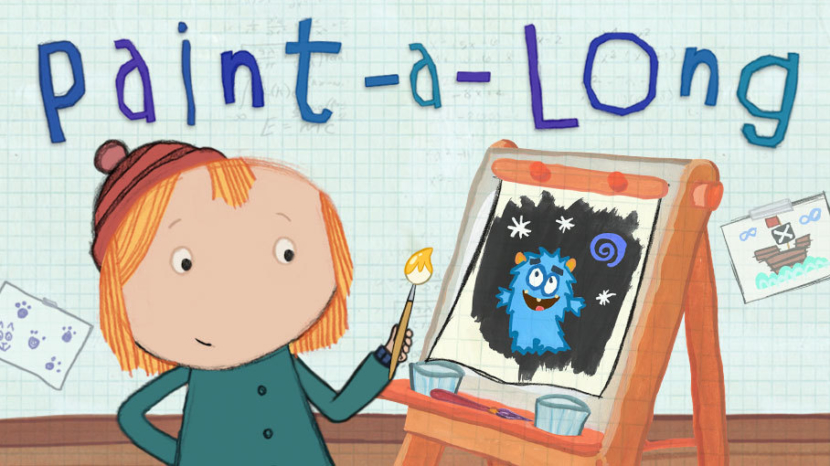 A cartoon of a girl in front of a easel painting.