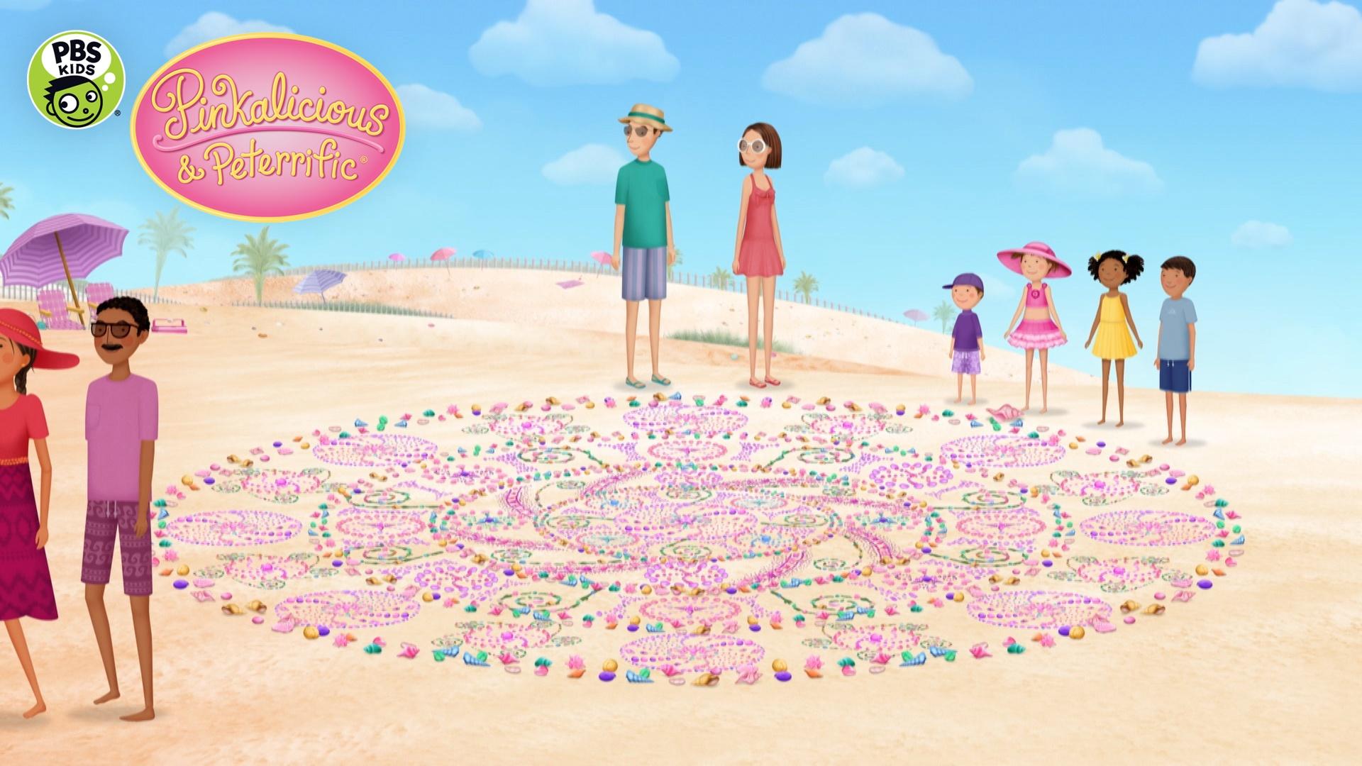 A cartoon of people at the beach with a seashell mandala.