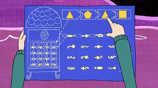 A cartoon image of a person's hand pointing to yellow shapes.