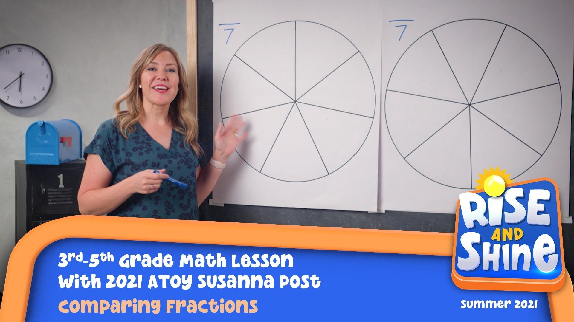 A woman standing in front of a board with two blank fraction circles.