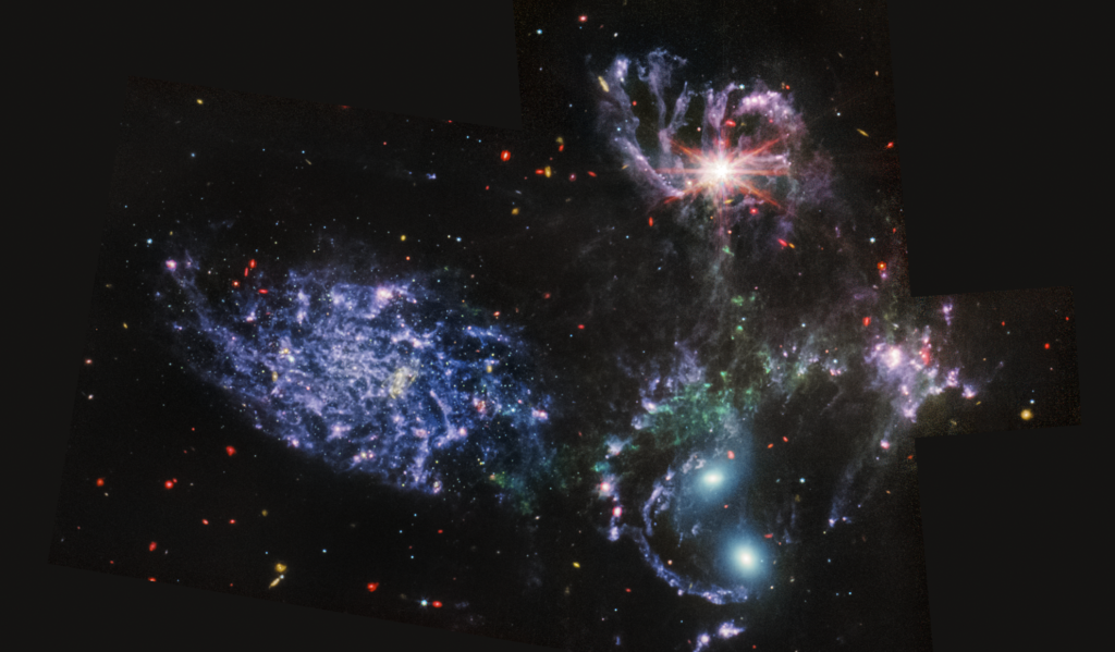 An image from the James Webb Telescope of several galaxies.