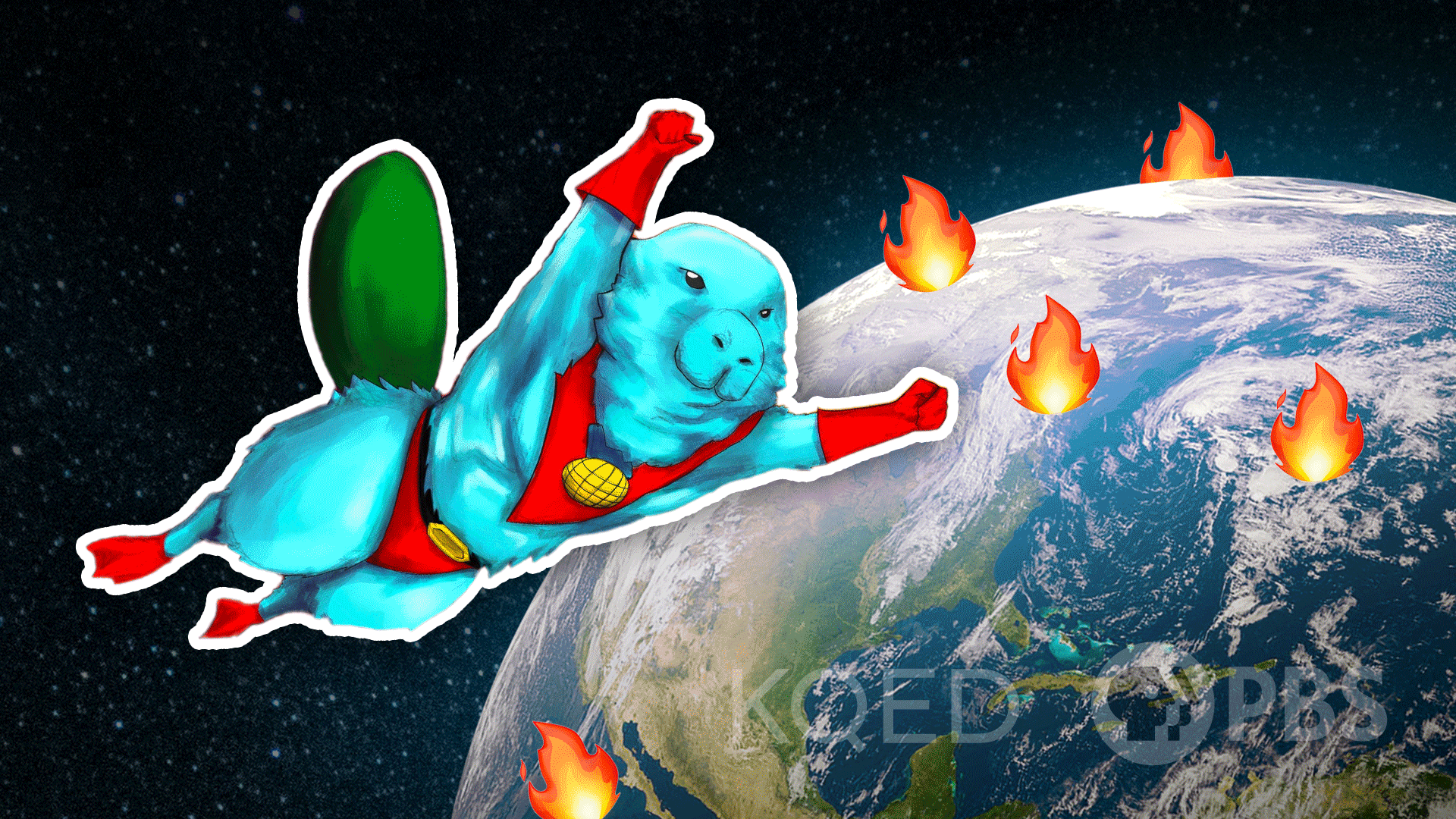 A cartoon of a beaver superhero flying over the Earth.