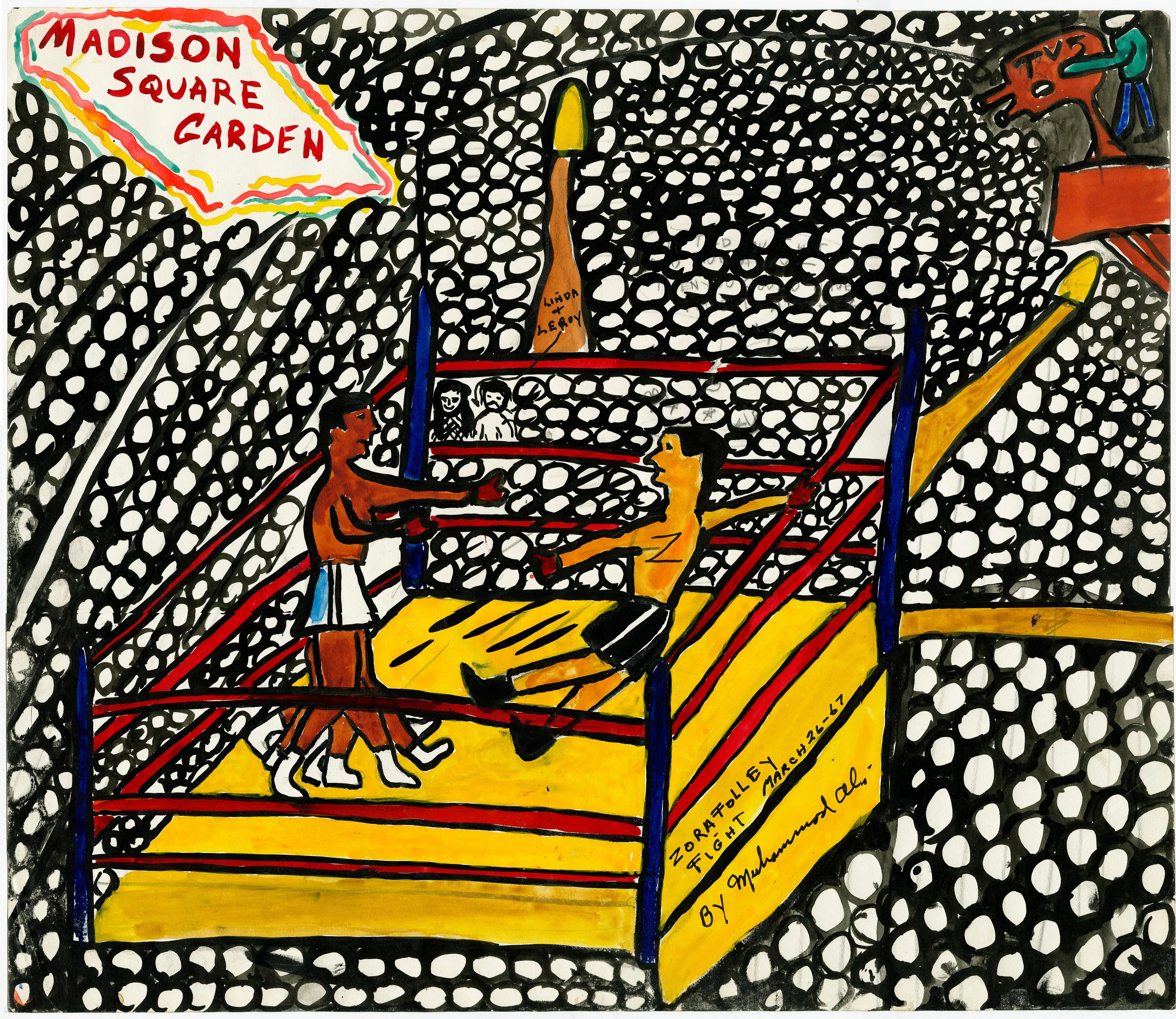 A watercolor painting done by Muhammad Ali about his fight against Zora Folley in 1967.