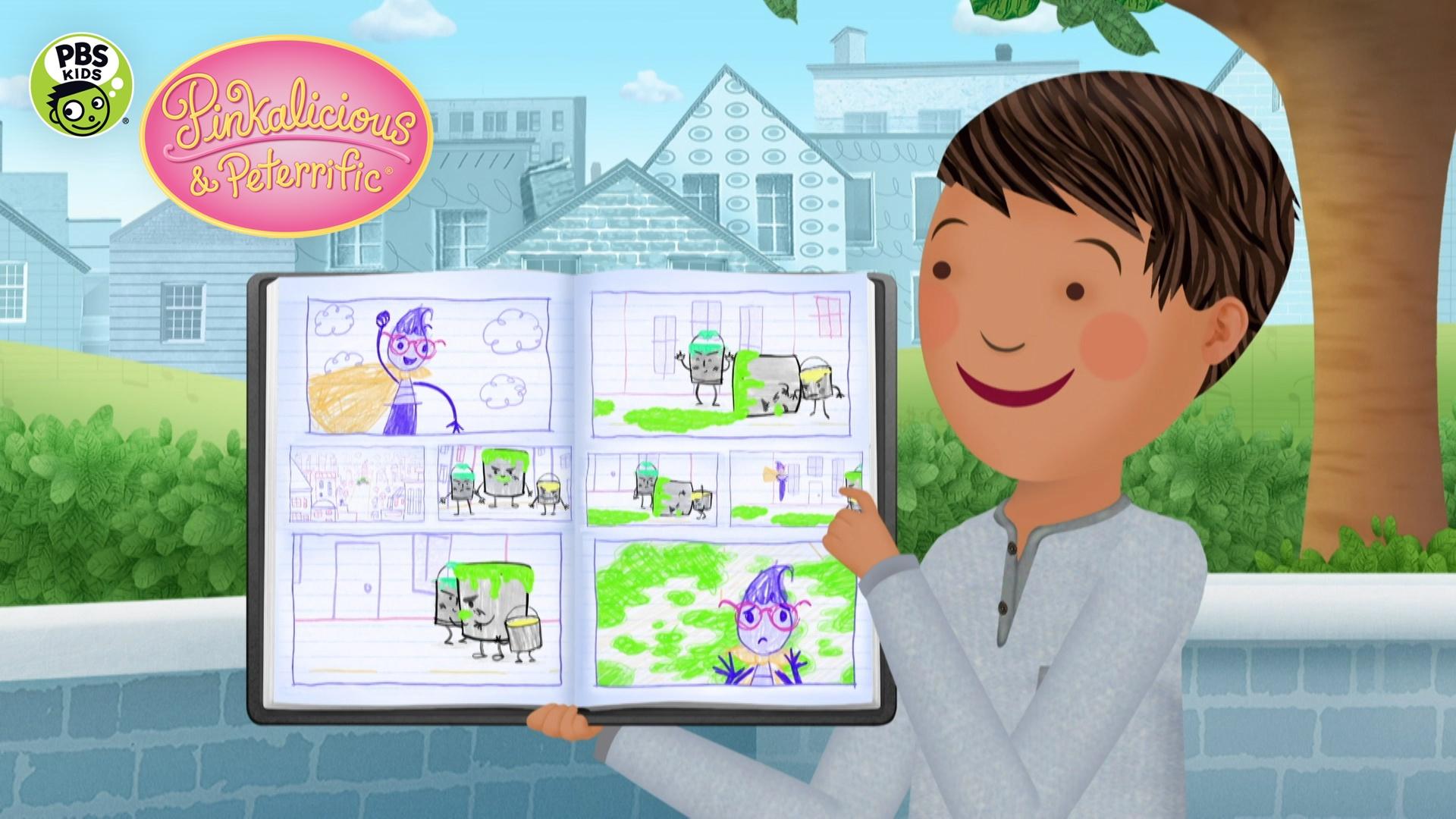 A cartoon boy holding a drawn comic book.