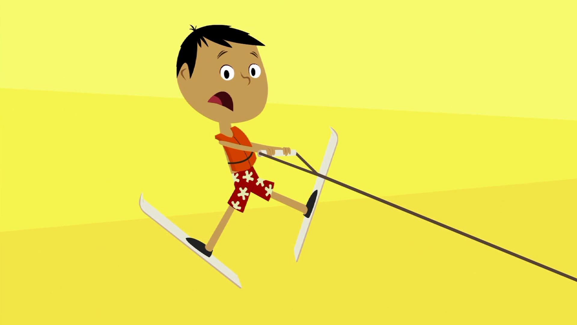 A cartoon boy on water skiis.