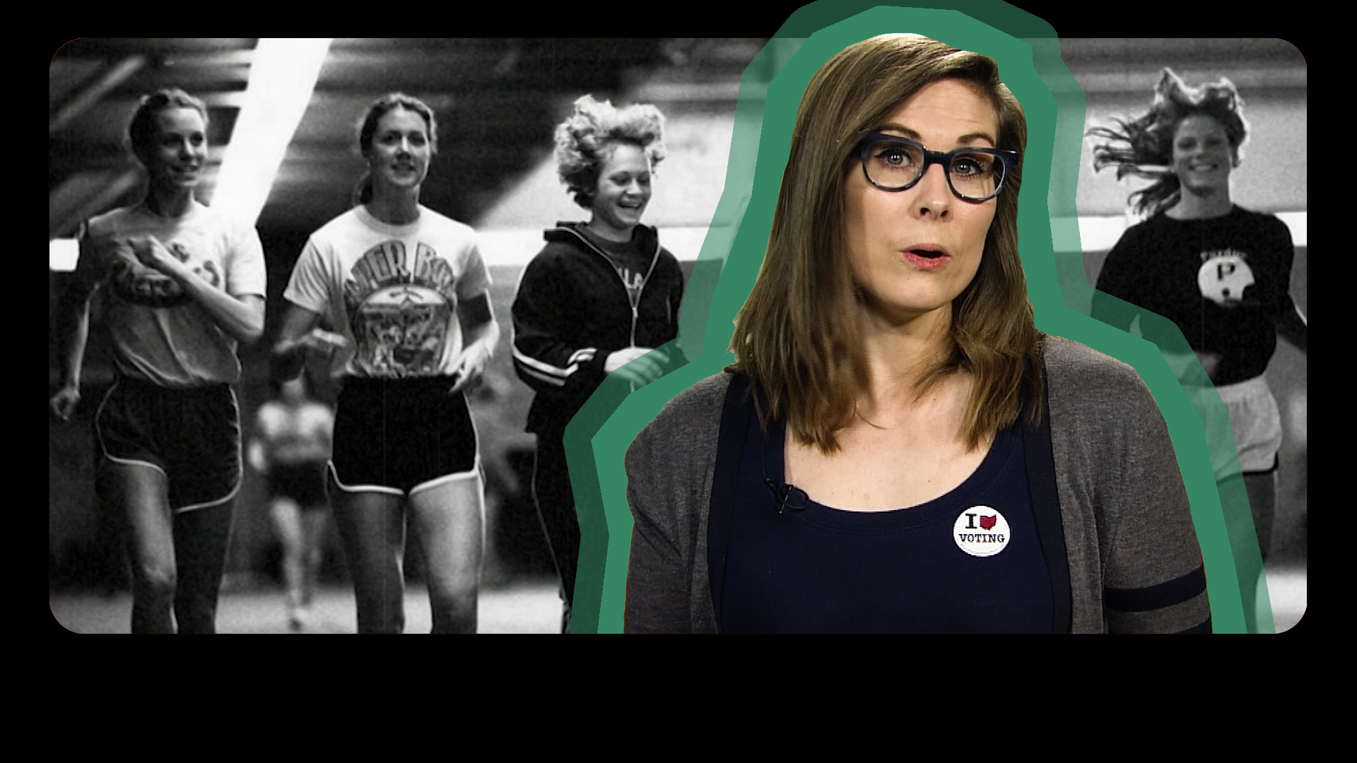 A white woman in a black top overlayed on a picture of female athletes.