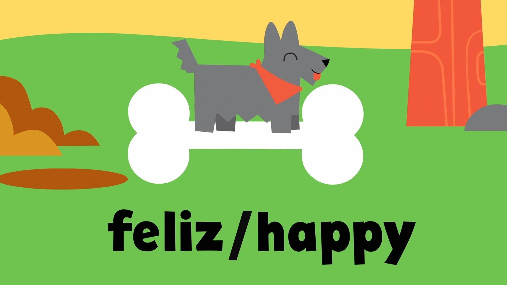 A cartoon dog standing on a bone over the words "feliz/happy."