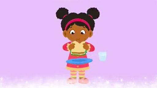 A girl eating a sandwich.