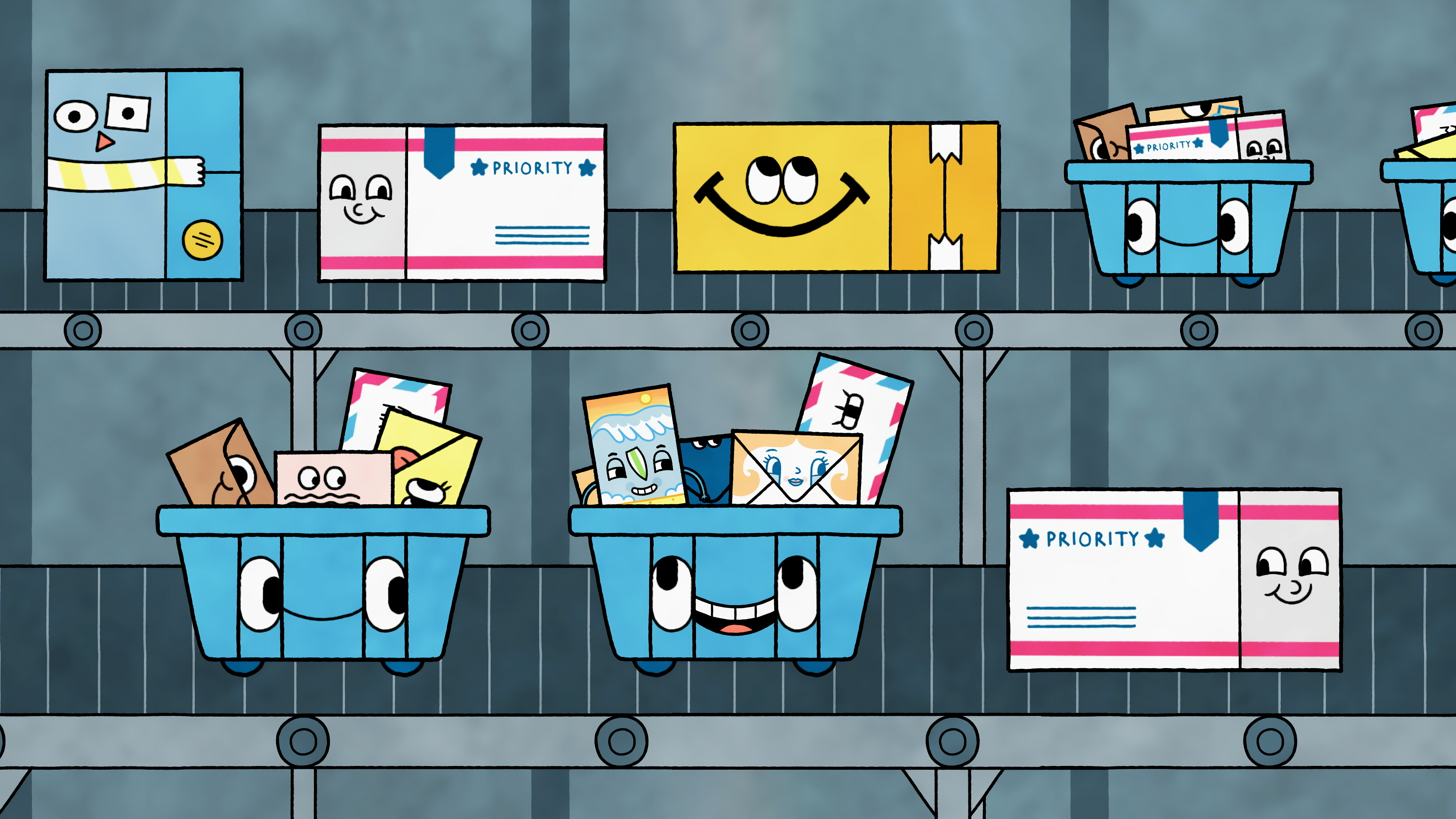 A cartoon of a mail sorting conveyor belt.