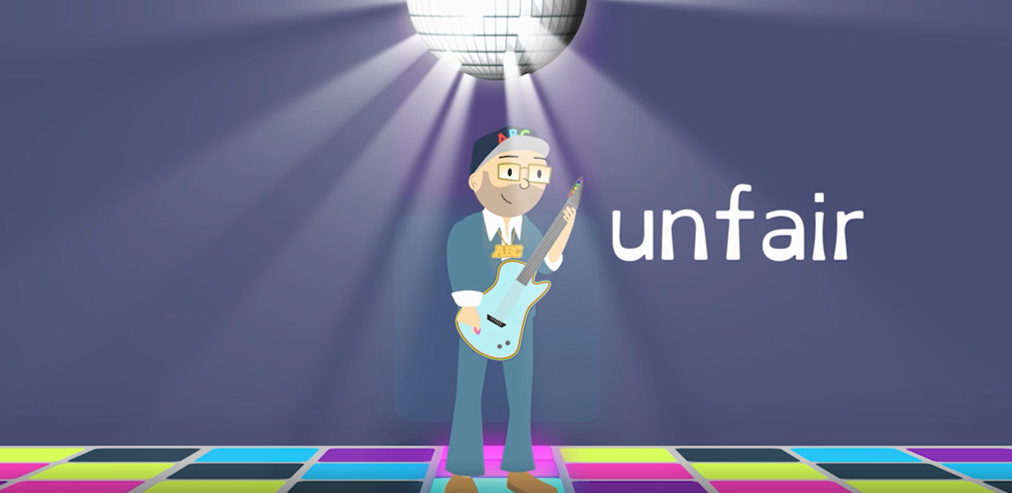 A cartoon man plays a guitar under a disco ball.
