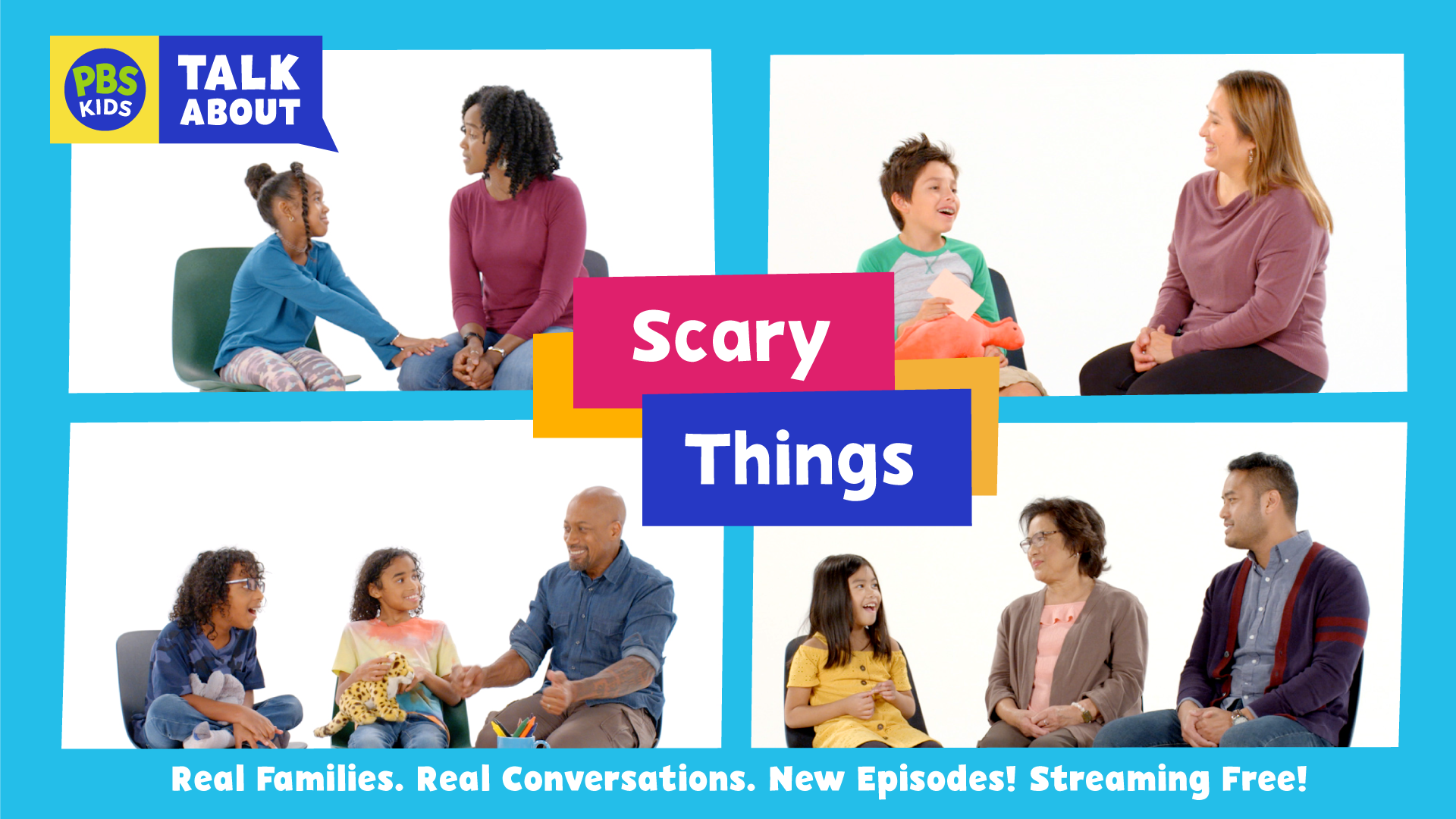 Four images of different families talking.