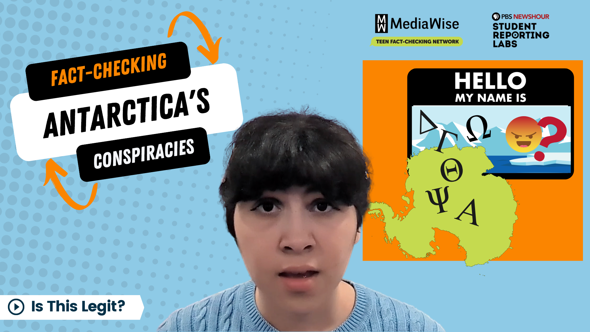 A young woman in a blue sweater sits in front of a blue background with graphics of Antarctica.