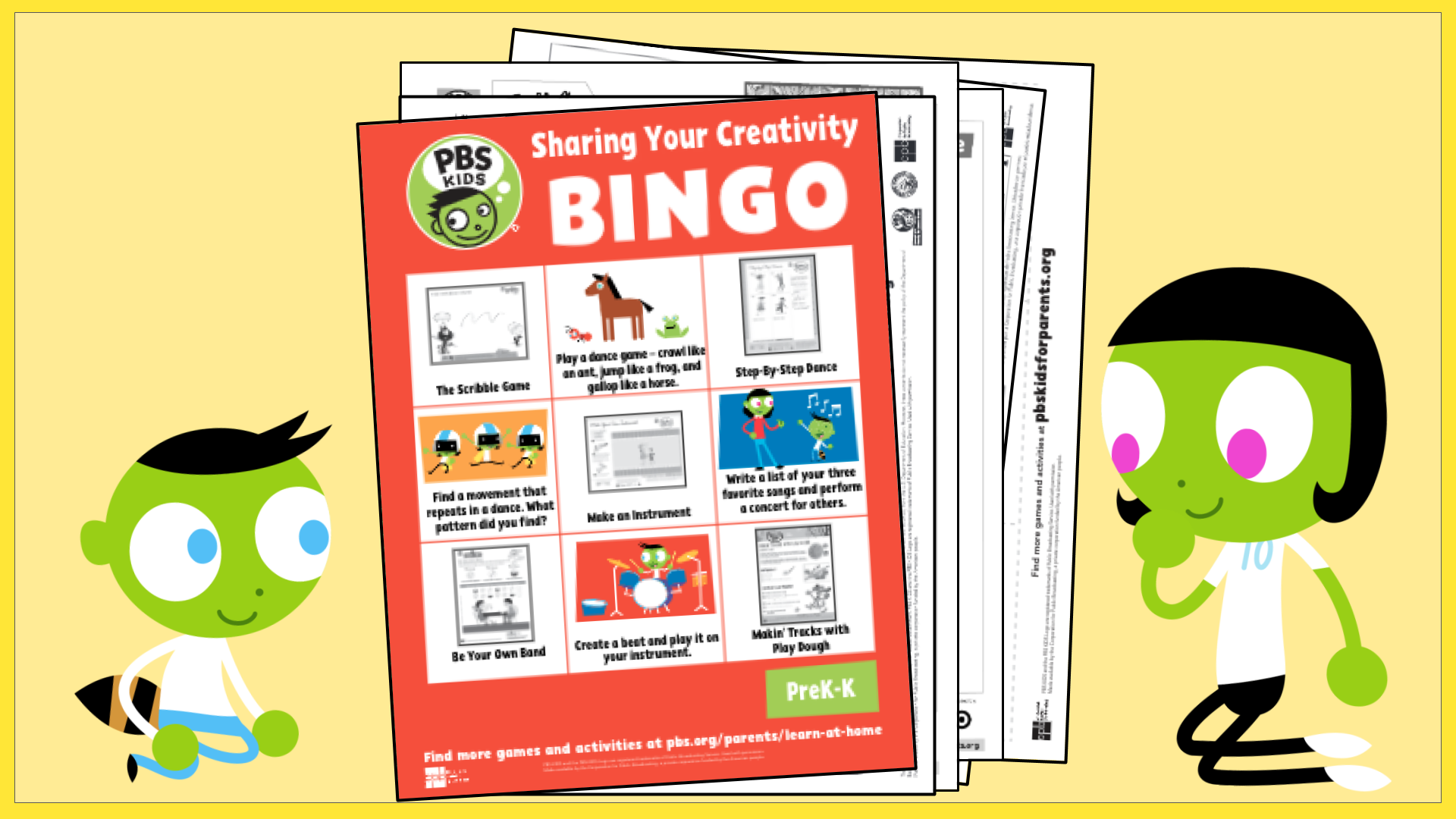 Two cartoon characters sit on either side of a bingo sheet.