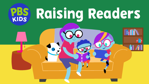 A cartoon woman, two children, and dog sit on a couch reading.