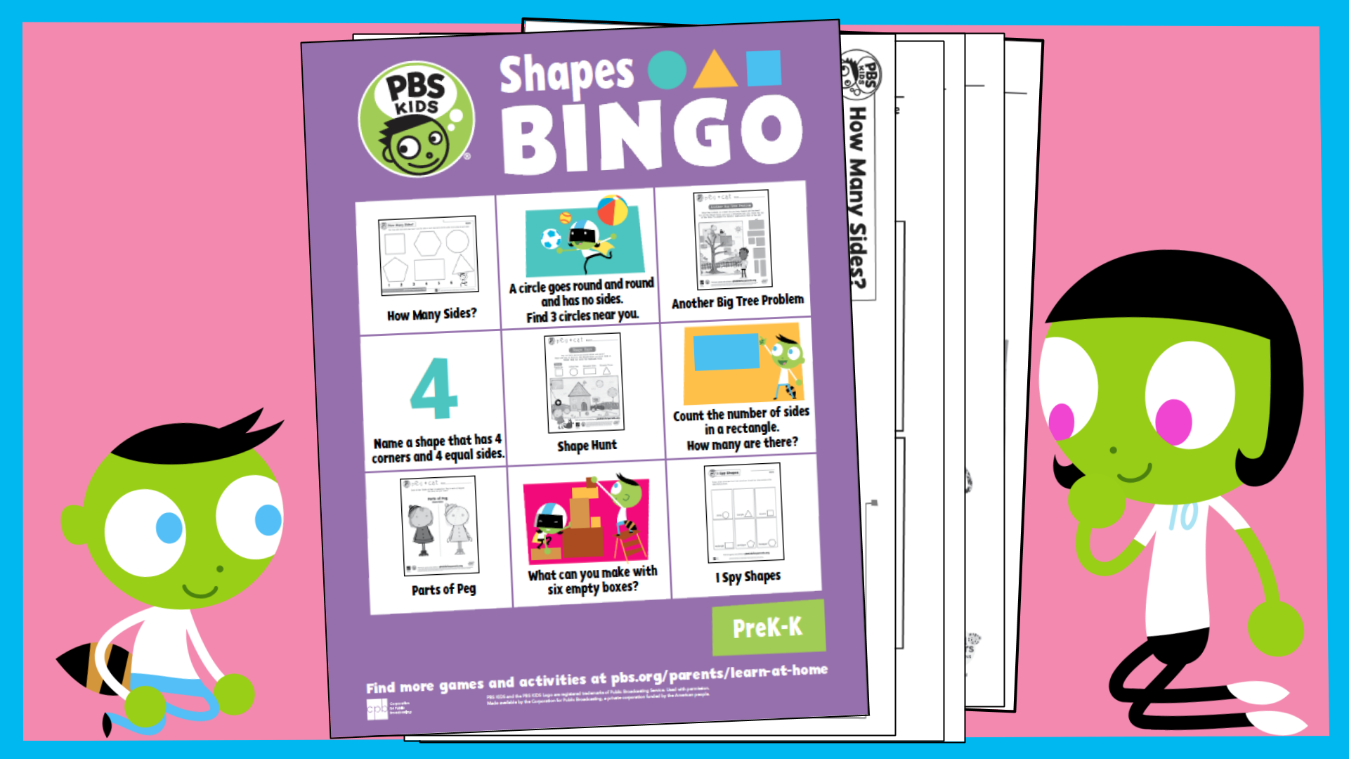 Two cartoon characters sit on either side of a bingo card sheet.