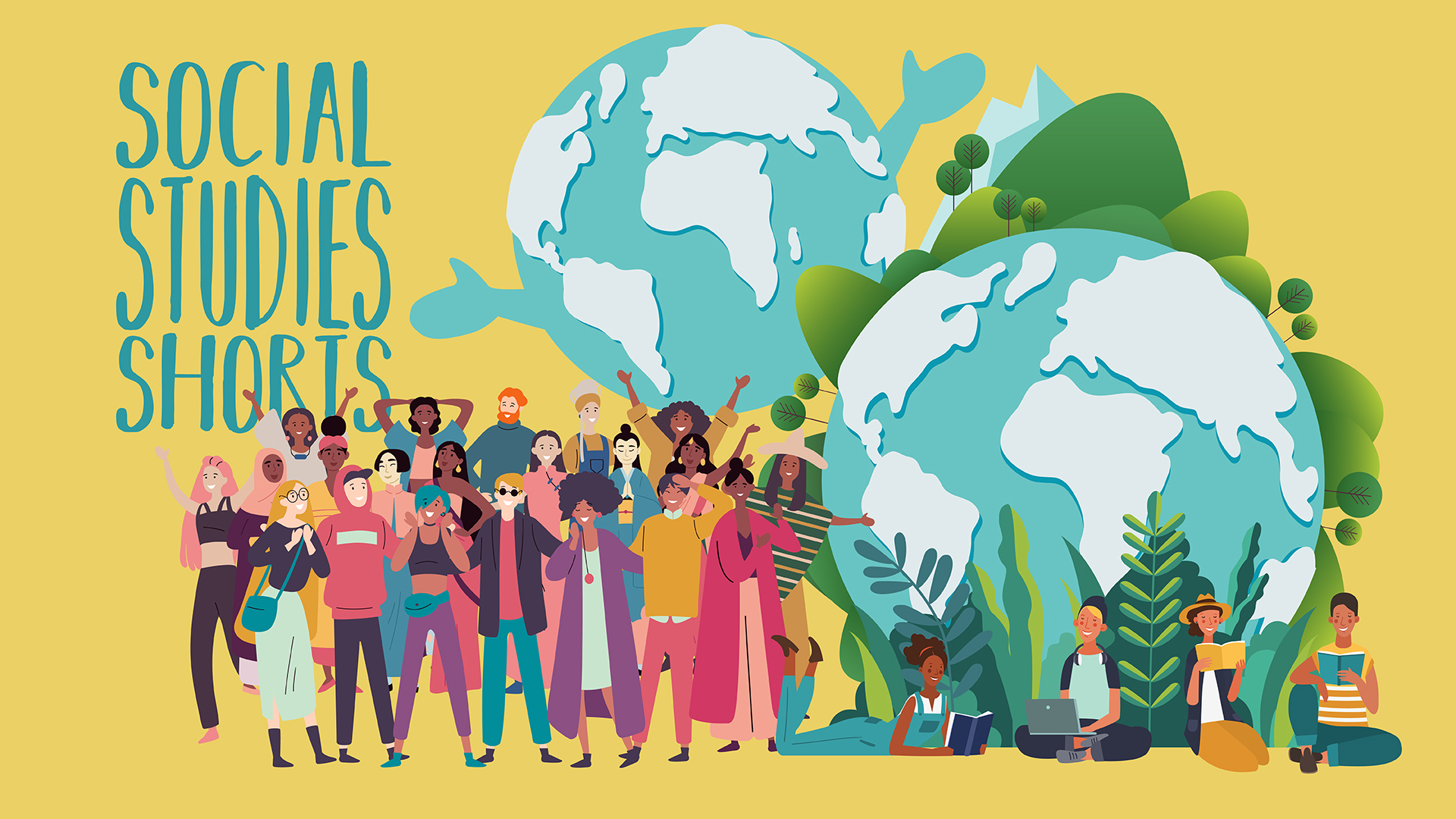 A graphic of many different people standing in front of two cartoon planet Earths.