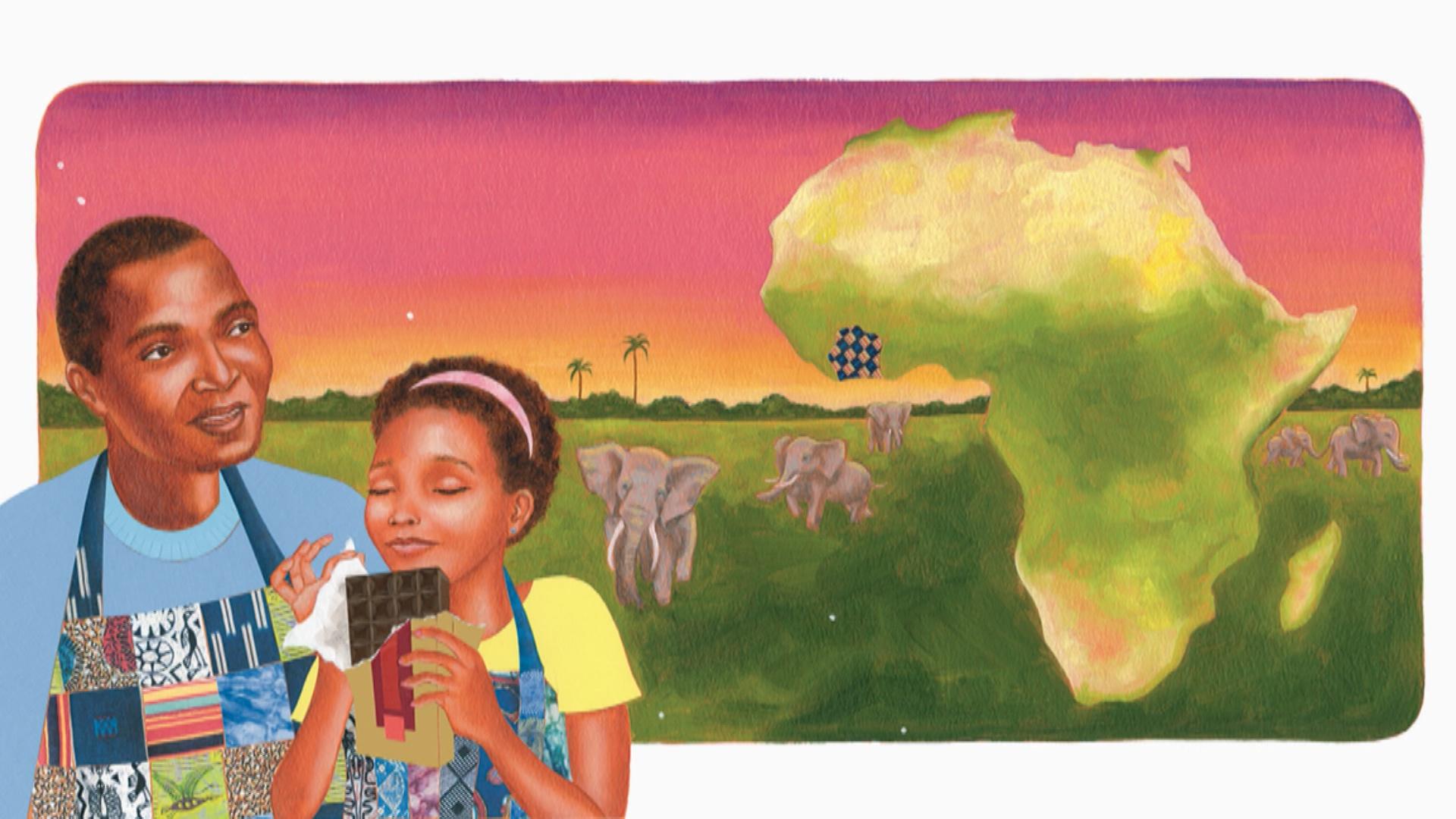 An illustrated man and child sit in front of a backdrop of the African continent and elephants.