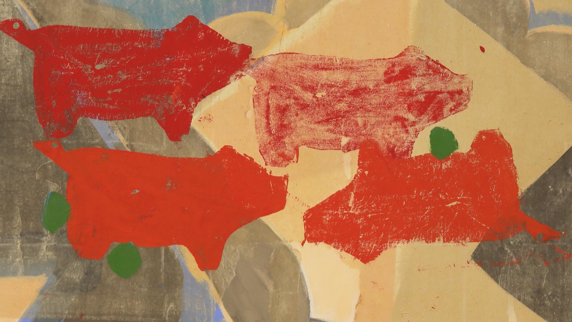 A collage with red sponge painted pigs on top.