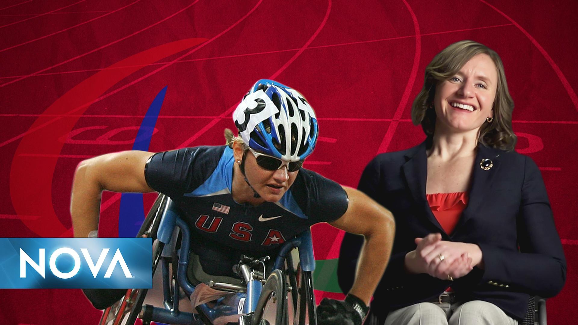 Side-by-side images of Cheri Blauwet, a White woman, in a blue blazer and in her USA Olympics uniform.